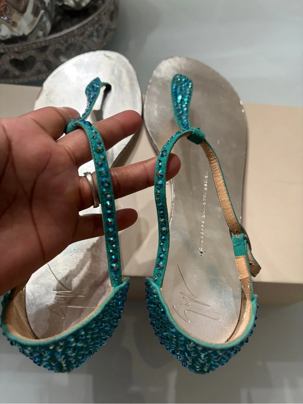 Giuseppe Zanotti Teal Crystal T-Strap Sandals 41